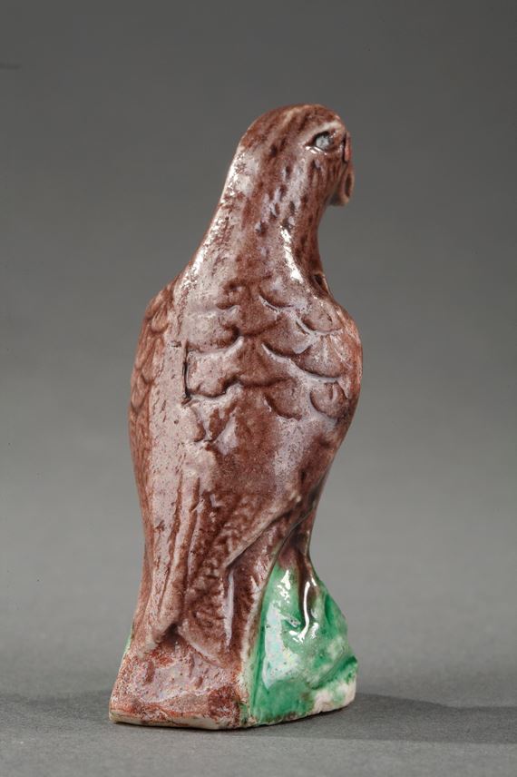 Chinese brown and green enamelled biscuit pair of birds miniature standing on a rock | MasterArt